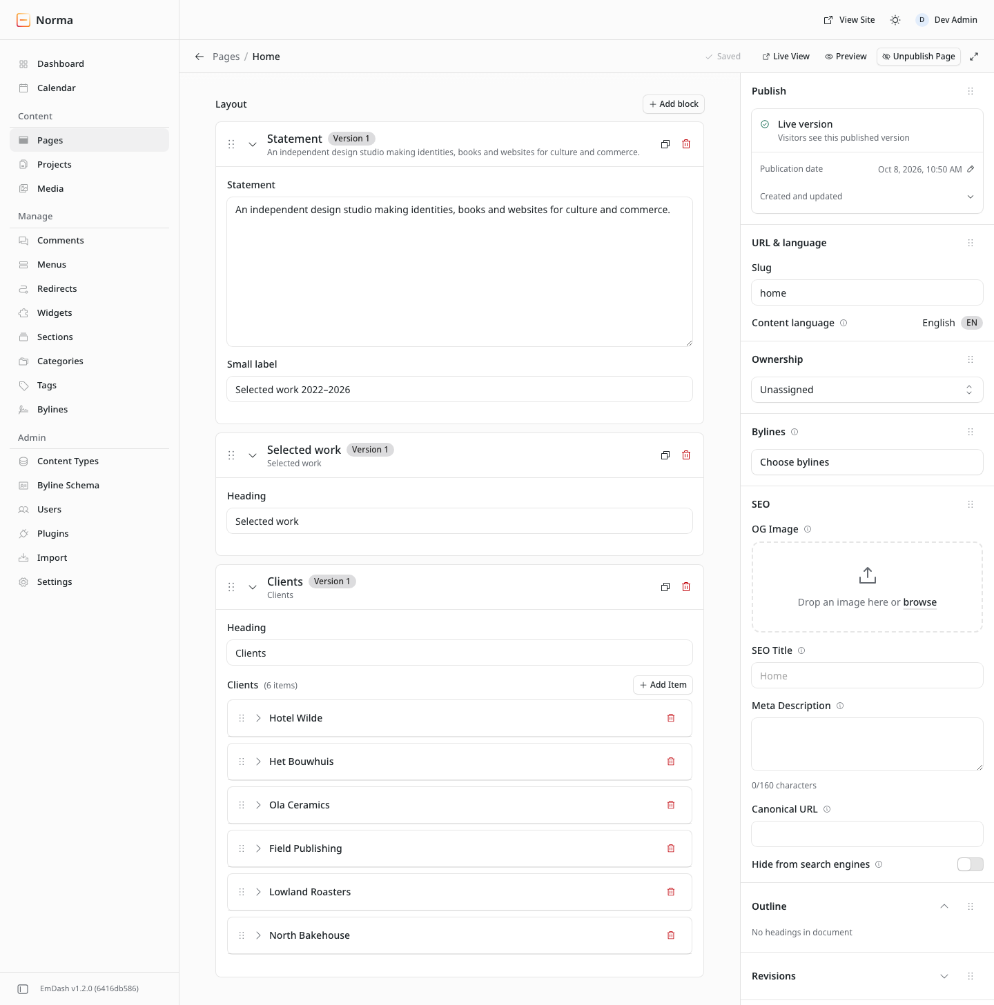 The current blocks field: three bordered block cards with version badges and duplicate and delete icons, a tall statement text area, and six bordered client cards, each with a red delete icon.